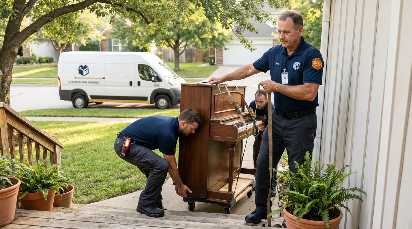 Licensed piano movers securing grand piano in Lawnside, NJ