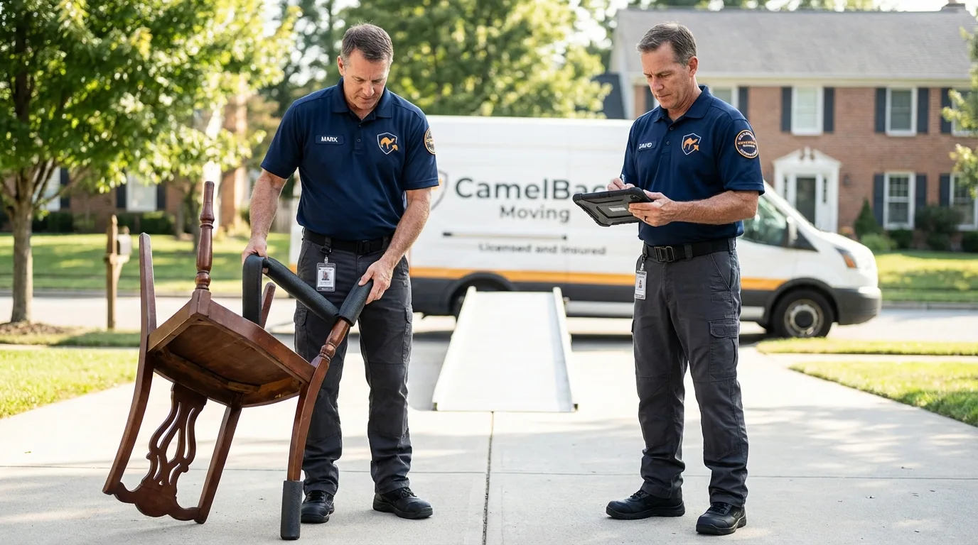 Movers inspecting furniture for damage prevention before loading in Lawnside, NJ